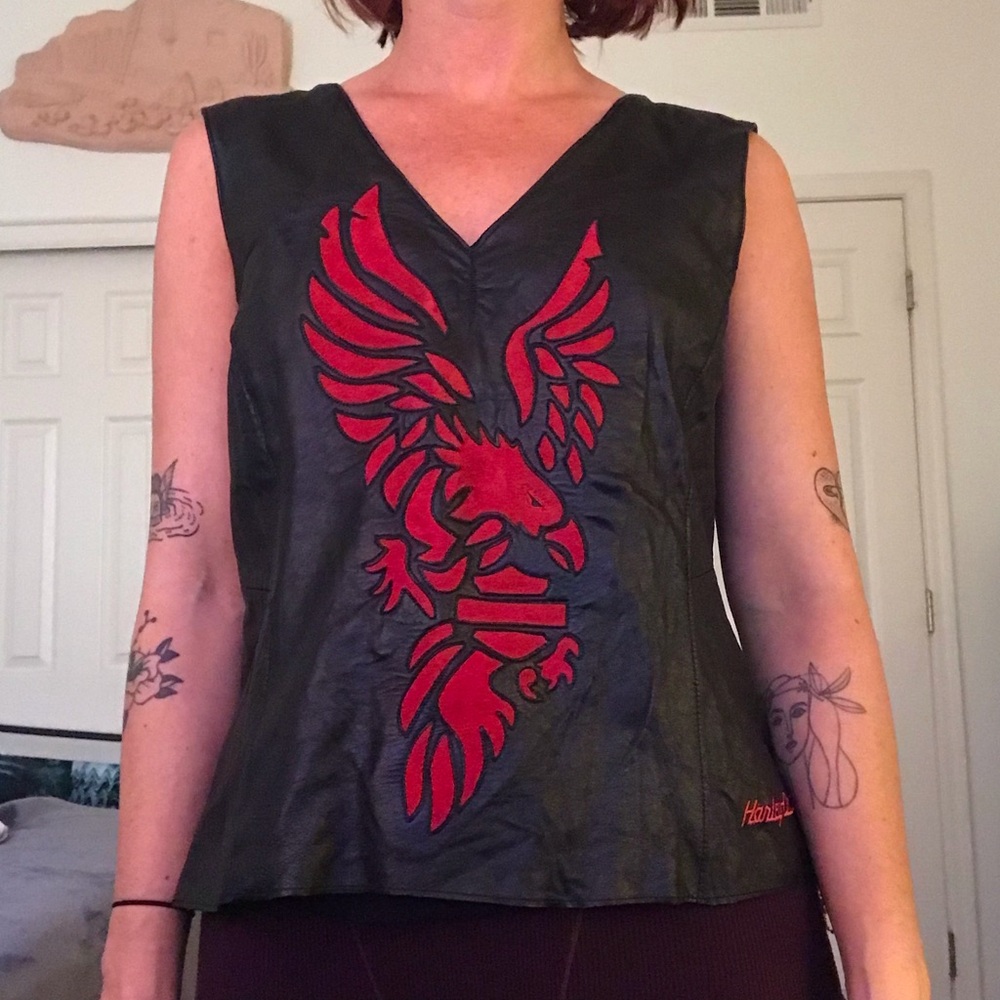 Harley Davidson Vintage Unisex Leather Red Suede Eagle Bird Inlay Biker Vest
